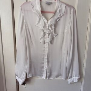Tahari Arthur White Ruffle Front Blouse Size L